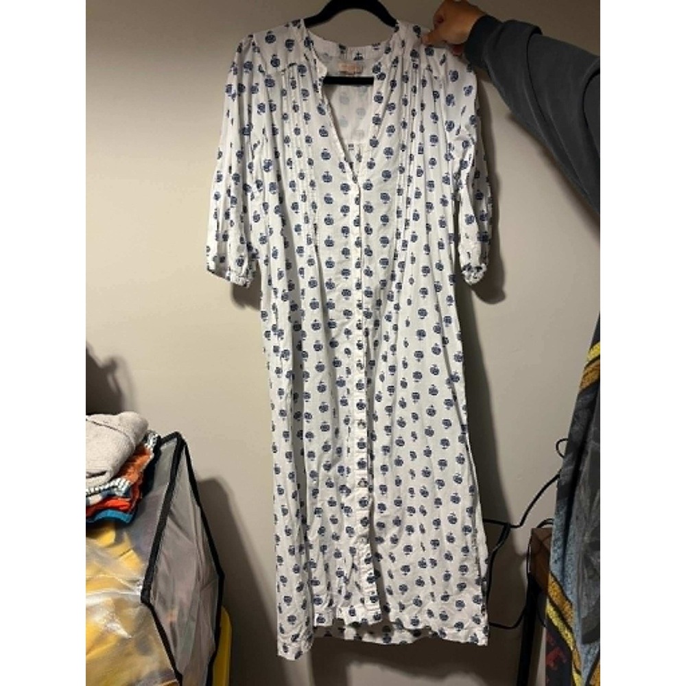 Pink Chicken New York White Navy Block Print Pintuck Button Front Midi Dress 1